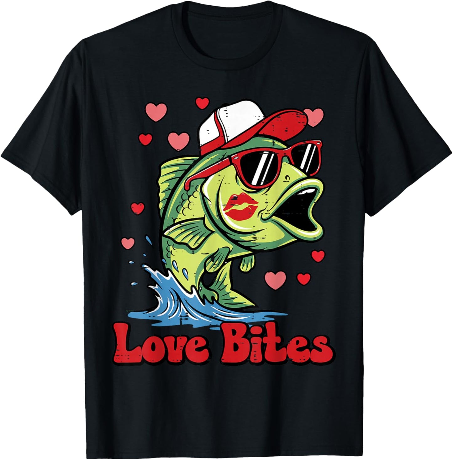 Valentines Day Bass Fish Love Bites Fisherman Men Women Kids T-Shirt - T-Shirt | Black