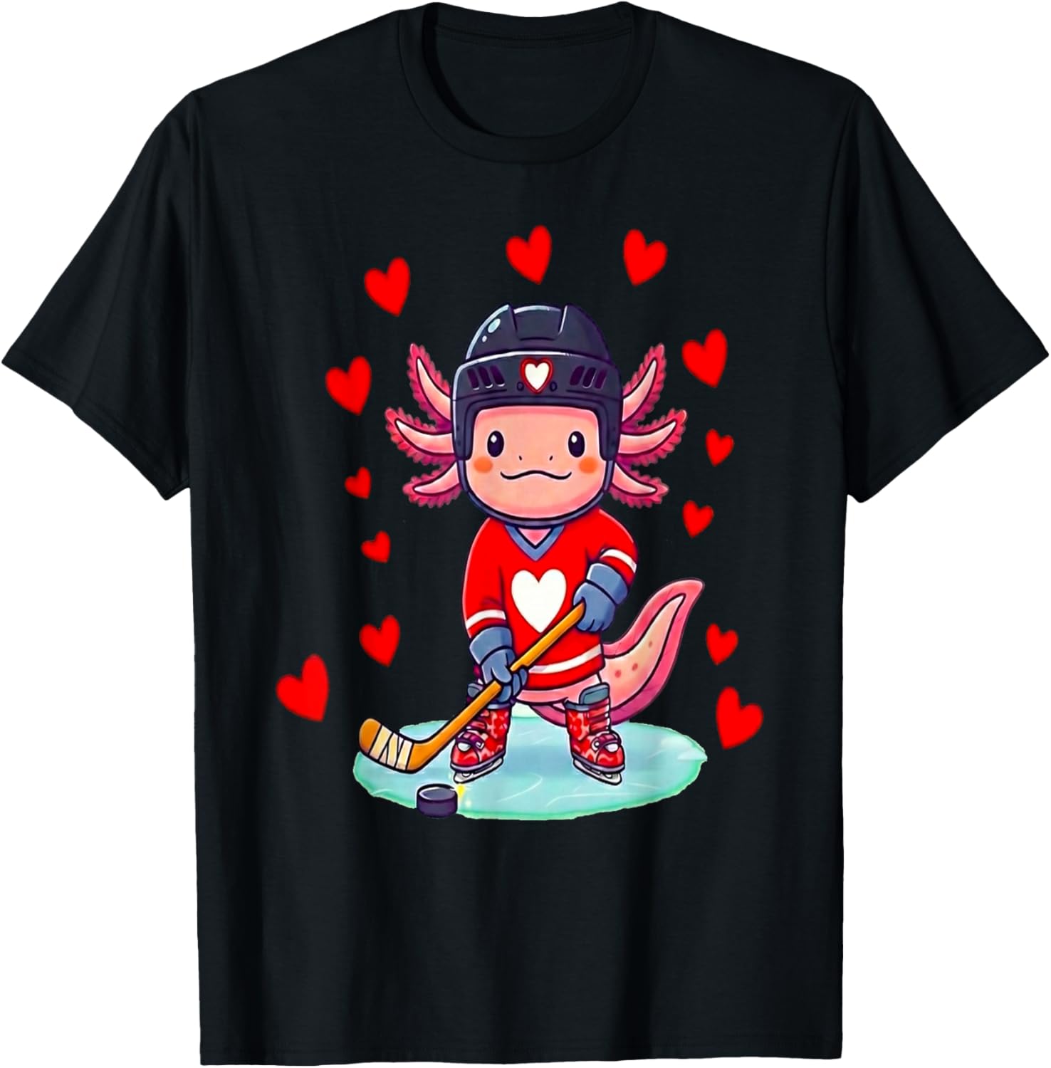 Axolotl Hearts Costume Playing Ice Hockey Valentines Day T-Shirt - T-Shirt | Black
