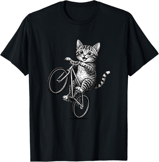 Kitten On A Bike Cat Illustration - Funny Cat Lover Art T-Shirt - T-Shirt | Black