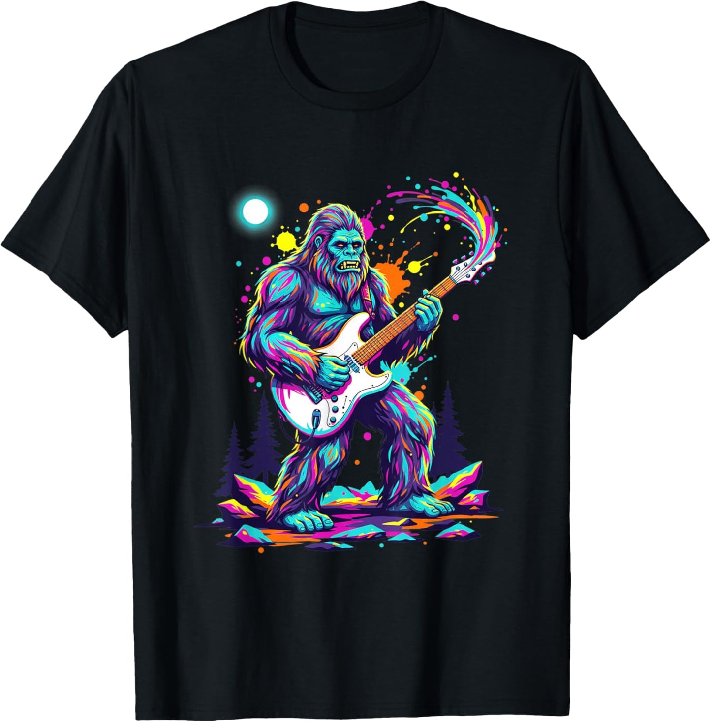 Sasquatch Playing Guitar Rock Concert Monster Art T-Shirt - T-Shirt | Black