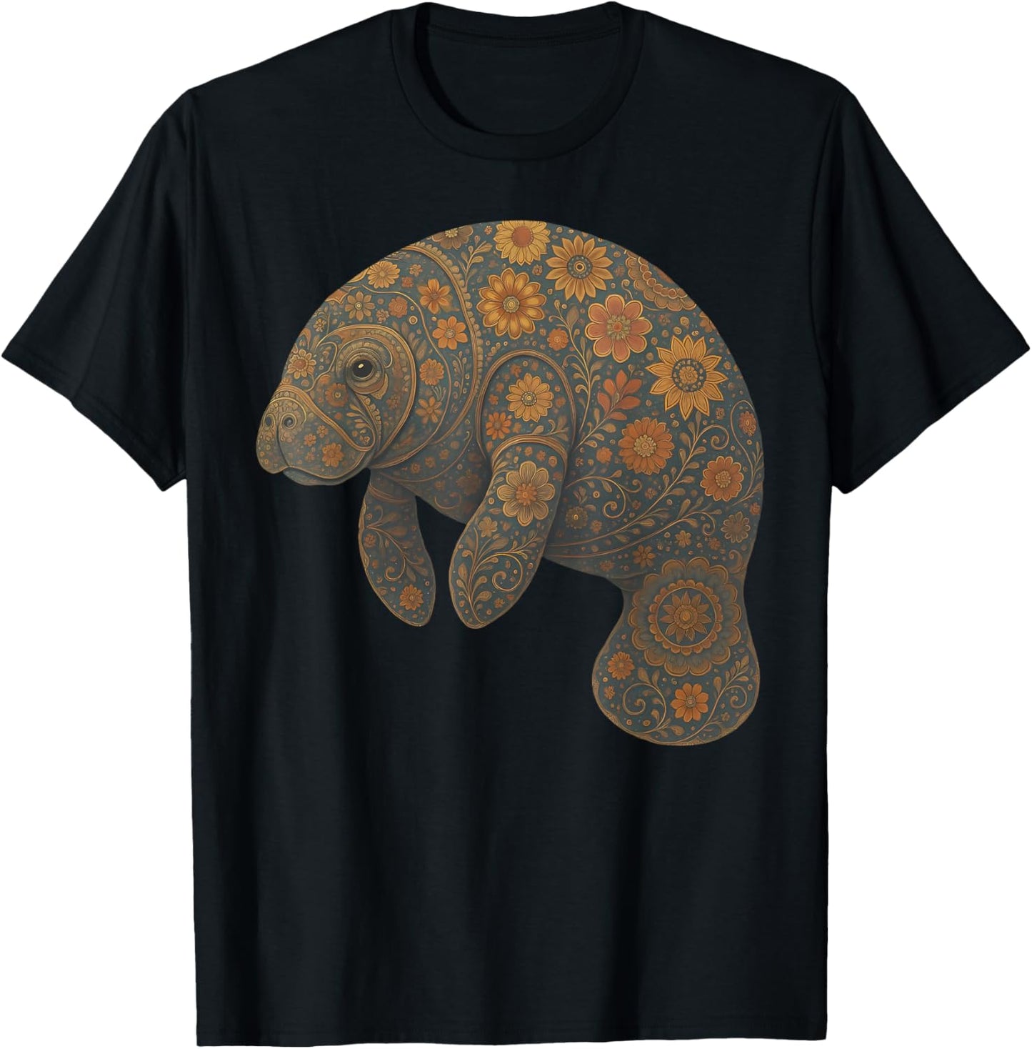 Boho Floral Manatee Whimsical Wildlife Mandala Sea Cow Ocean T-Shirt - T-Shirt | Black