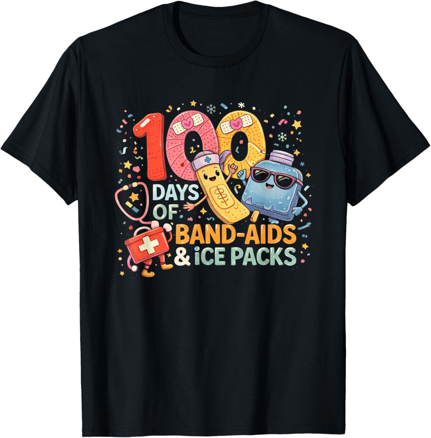 School Nurse 100 Days Band Aids Ice Packs 100 Days of School T-Shirt - T-Shirt | Black