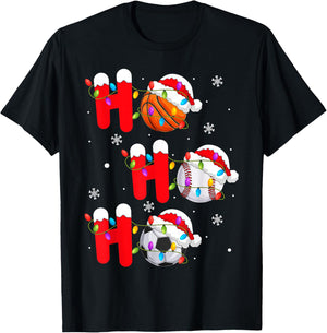 Basketball Baseball Soccer Christmas Ho Ho Ho Santa Xmas T-Shirt - T-Shirt | Black