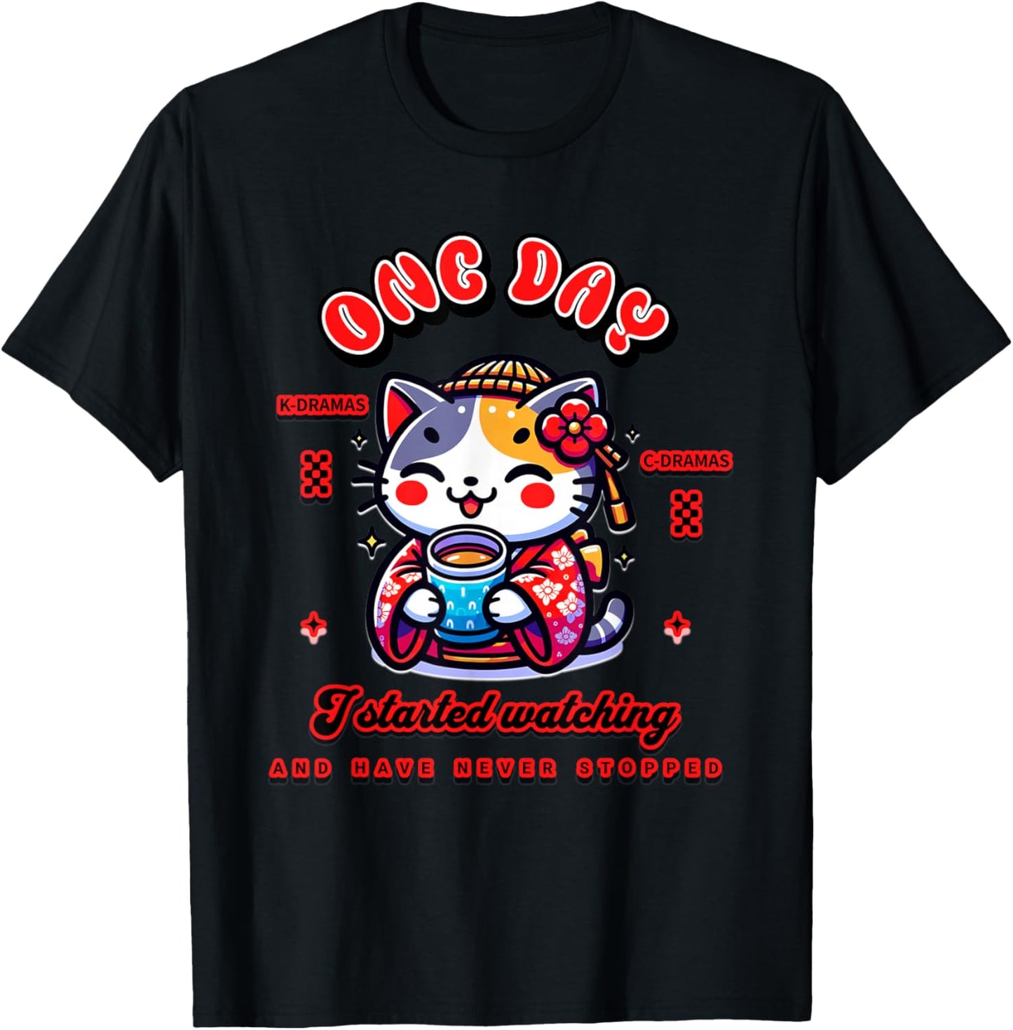 Cute Cat Watching K-Dramas and C-Dramas T-Shirt - T-Shirt | Black