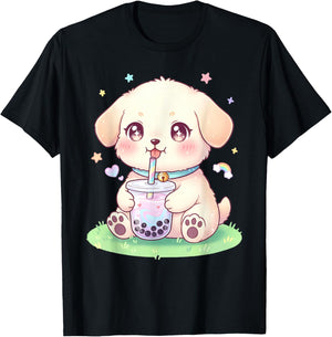 Puppy Dog Drinking Boba Tea Cute Girls Graphic T-Shirt - T-Shirt | Black