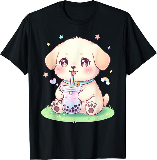 Puppy Dog Drinking Boba Tea Cute Girls Graphic T-Shirt - T-Shirt | Black