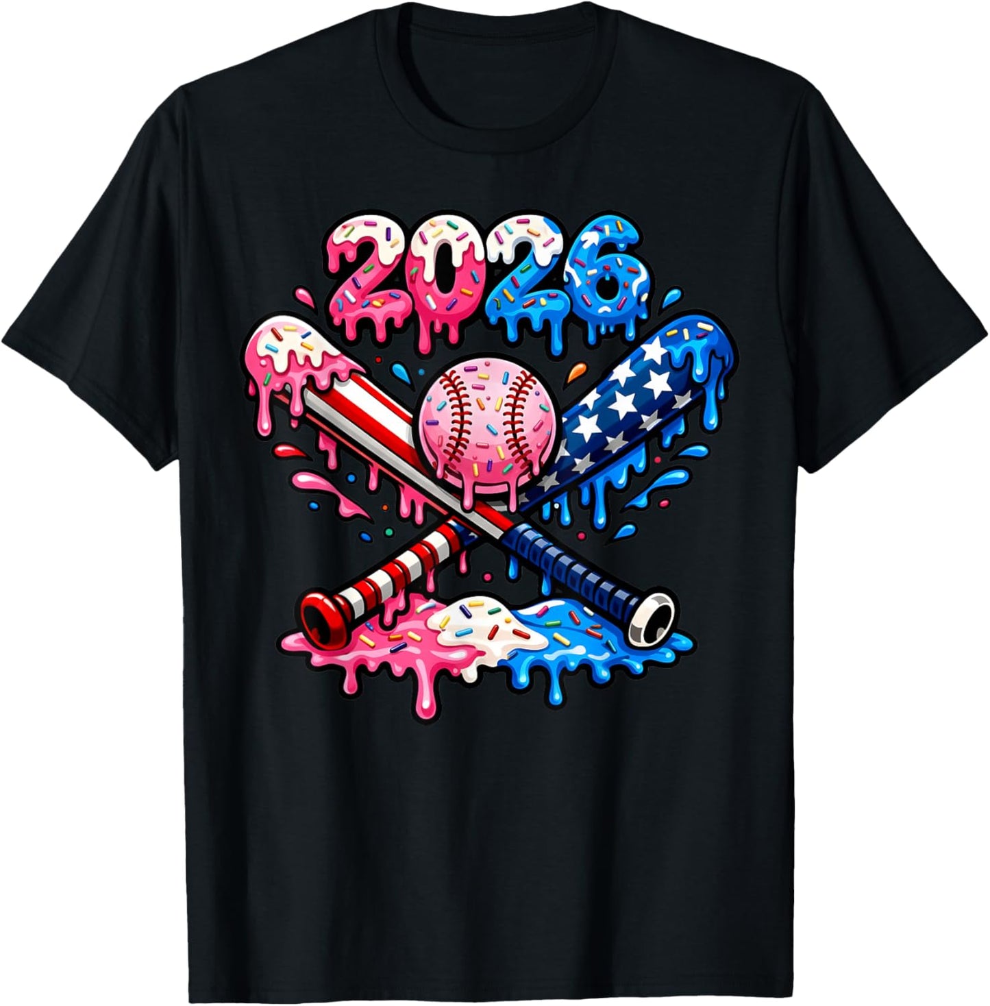 Funny 2026 American Flag Baseball Ice Cream Drip Bats Boys T-Shirt - T-Shirt | Black