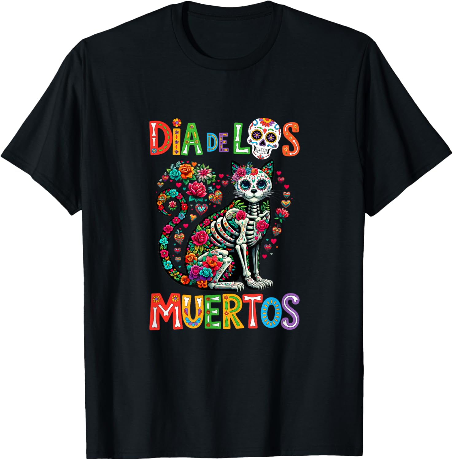 Dia De Los Muertos Mexican Colorful Floral Skeleton Cat T-Shirt - T-Shirt | Black