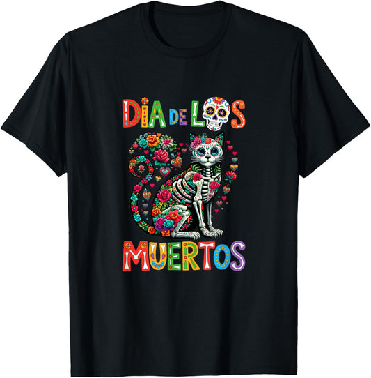Dia De Los Muertos Mexican Colorful Floral Skeleton Cat T-Shirt - T-Shirt | Black