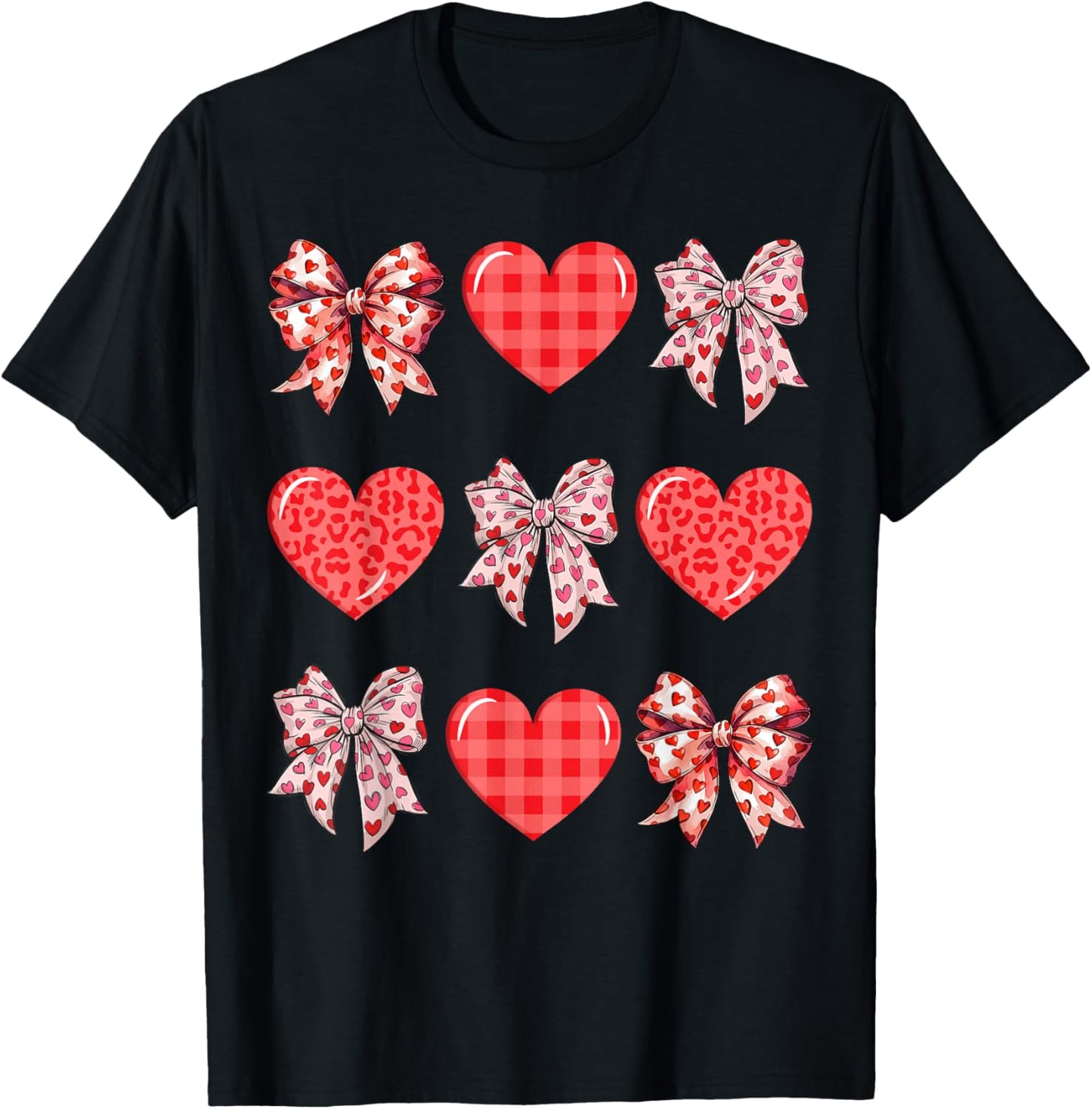 Valentine Day Hearts Leopard Coquette Bow Women Girls Boys T-Shirt - T-Shirt | Black