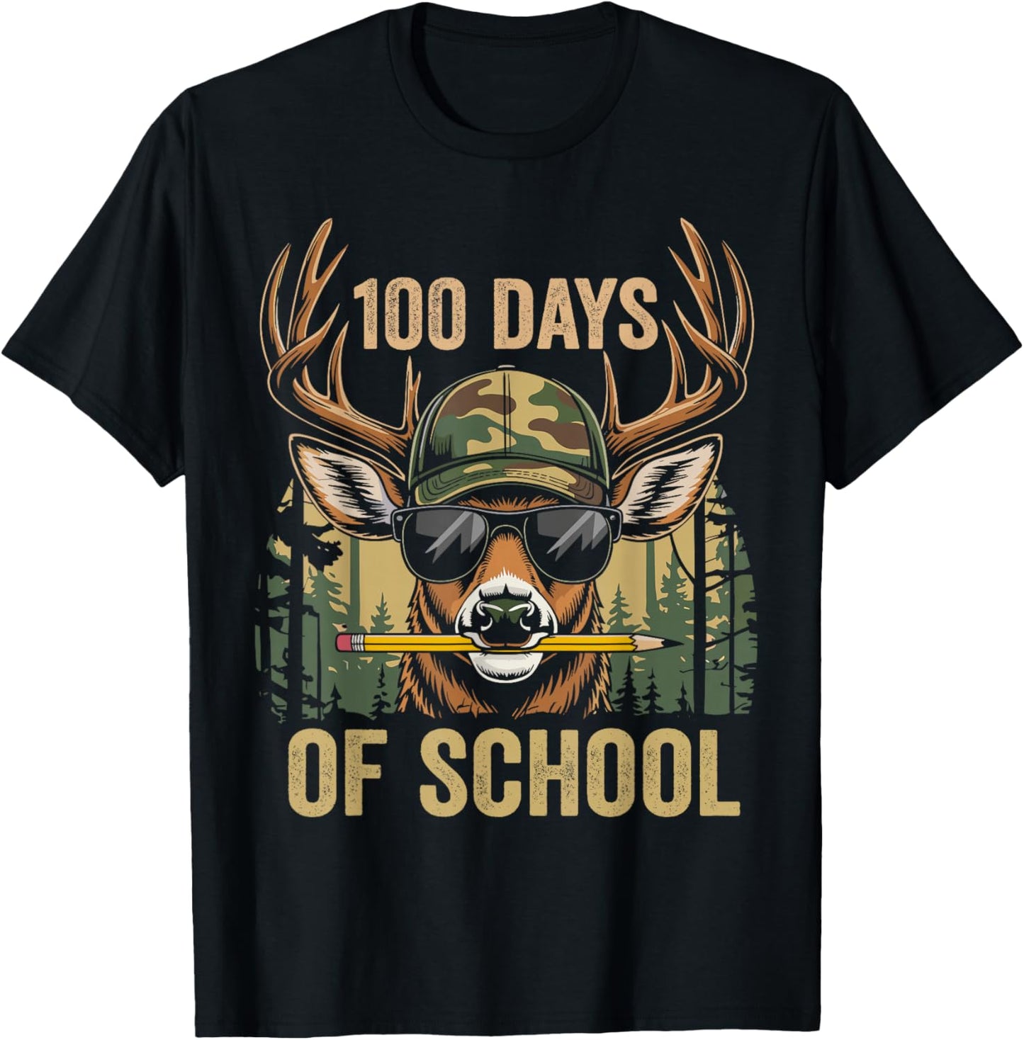 Funny Bucked 100 Day of School Camo Deer Outdoor Student Boy T-Shirt - T-Shirt | Black