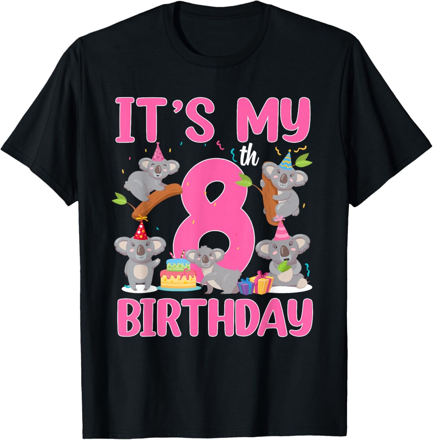 8 Year Old Birthday Girl 8th Birthday Koala Theme Party T-Shirt - T-Shirt | Black