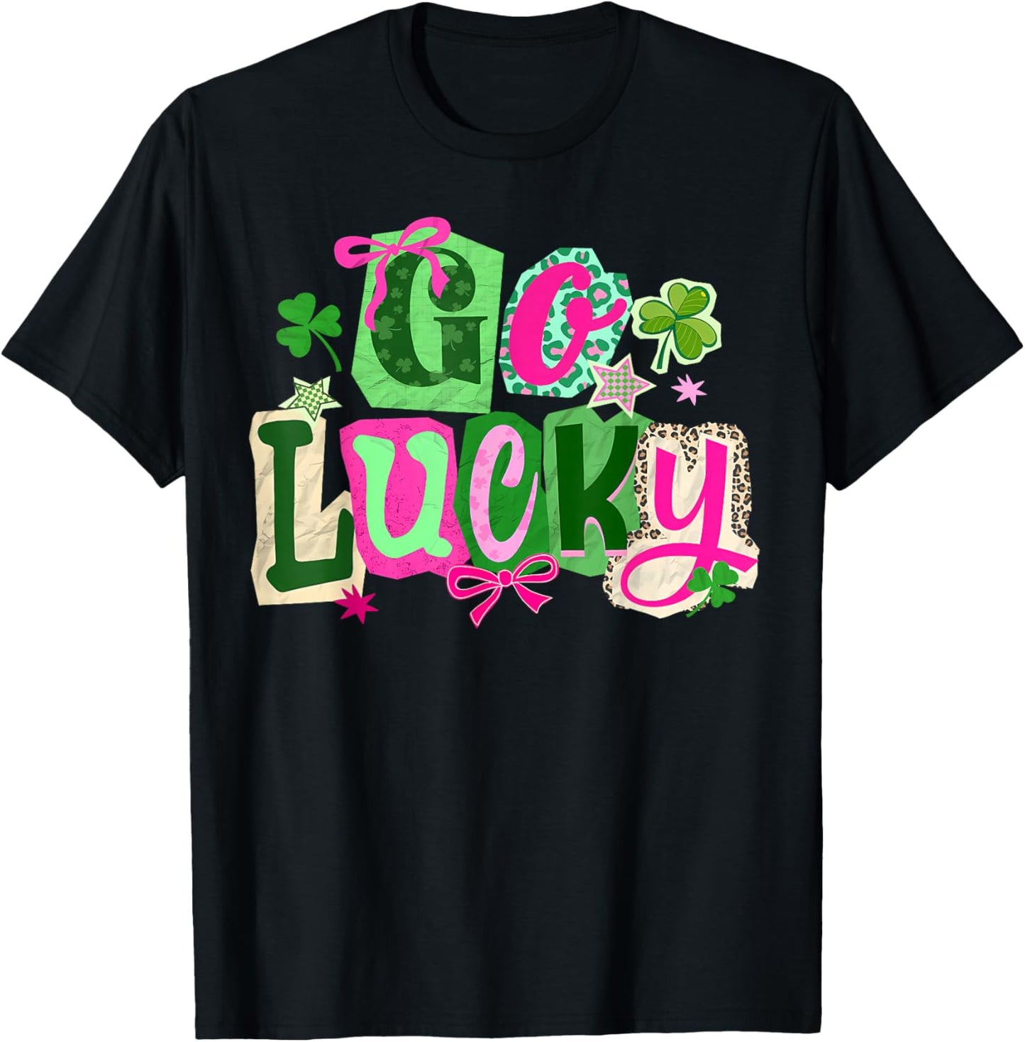 Preppy Happy Go Lucky Coquette Bow Shamrock St Patricks Day T-Shirt - T-Shirt | Black