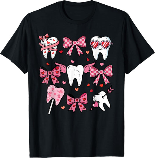 Valentines Day Teeth Coquette Bow Dental Women Girls Kids T-Shirt - T-Shirt | Black
