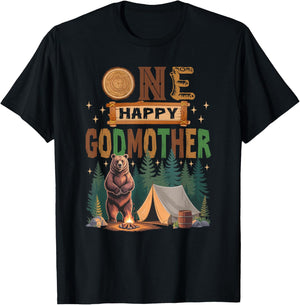 One Happy Godmother Camper 1St Birthday Camping Bear T-Shirt - T-Shirt | Black