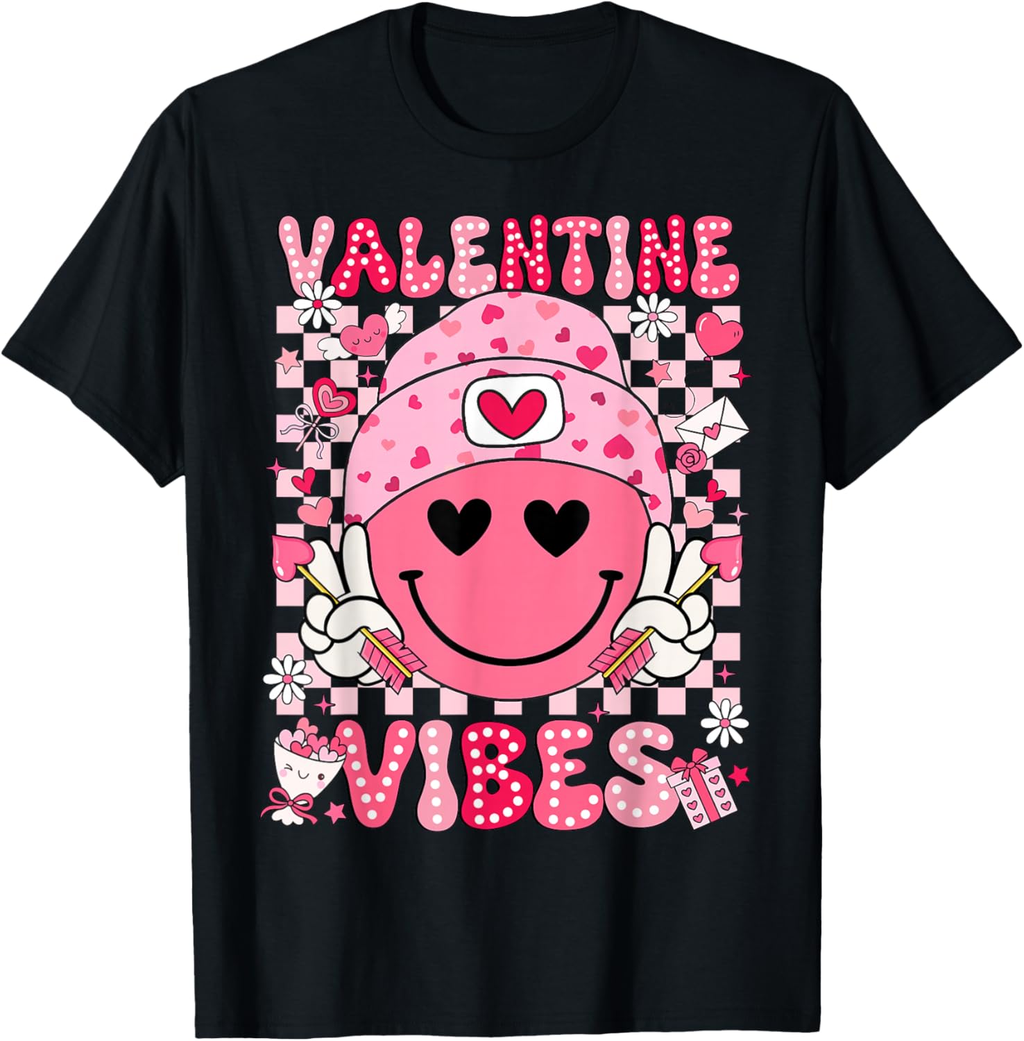 Valentine Vibes Groovy Smile Face Valentines Day Men Women T-Shirt - T-Shirt | Black