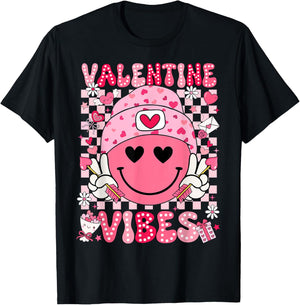 Valentine Vibes Groovy Smile Face Valentines Day Men Women T-Shirt - T-Shirt | Black
