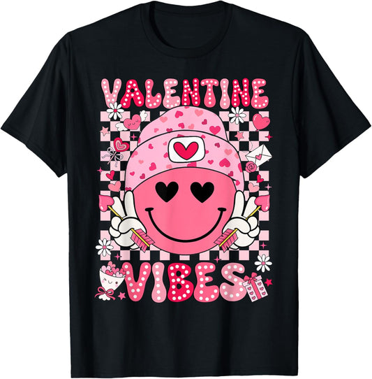 Valentine Vibes Groovy Smile Face Valentines Day Men Women T-Shirt - T-Shirt | Black