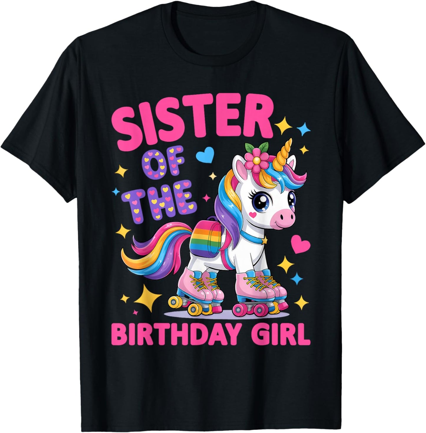 Sister of The Birthday Girl Rolling Unicorn Birthday Party T-Shirt - T-Shirt | Black