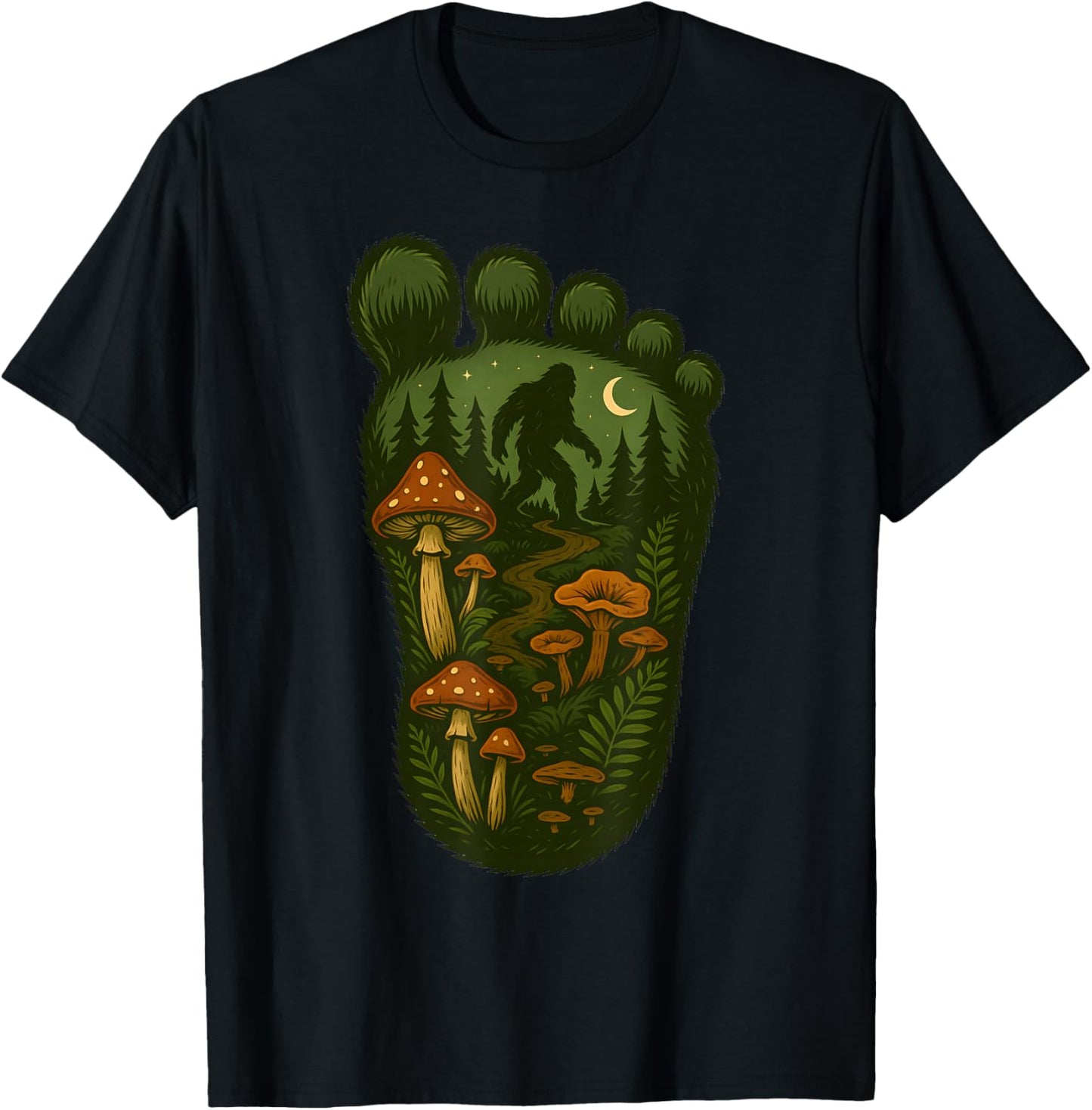 Bigfoot Foot Print Forest Nature Mushroom Sasquatch Cryptid T-Shirt - T-Shirt | Black