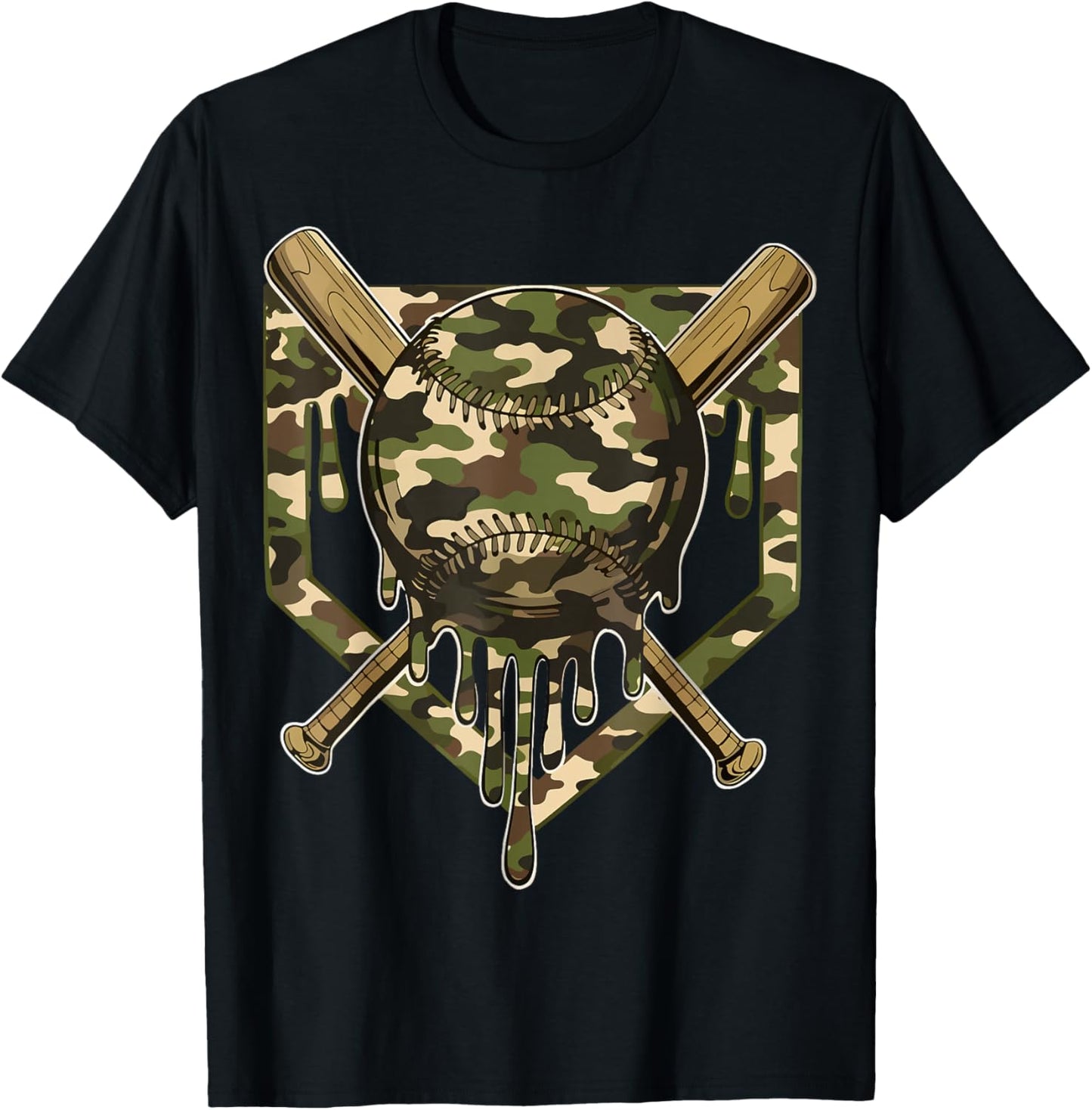 Baseball Drip for Boys Ice Cream Dripping Boys Baseball Camo T-Shirt - T-Shirt | Black