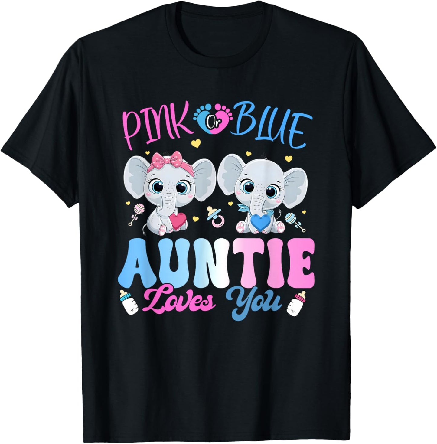 Pink or Blue Auntie Loves You Gender Reveal Elephant T-Shirt - T-Shirt | Black