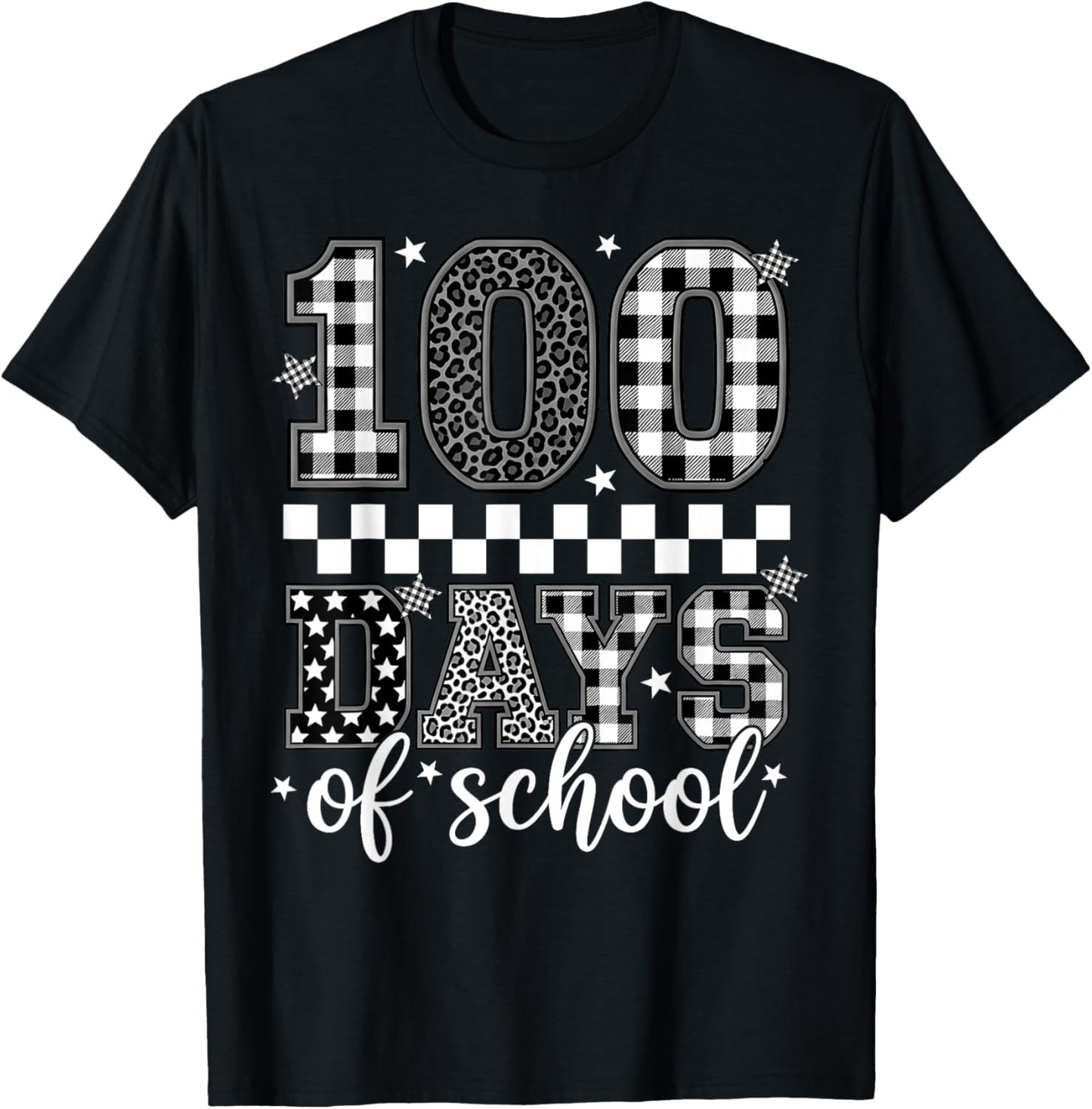 Black White Checkered Leopard 100 Days of School Teacher Kid T-Shirt - T-Shirt | Black