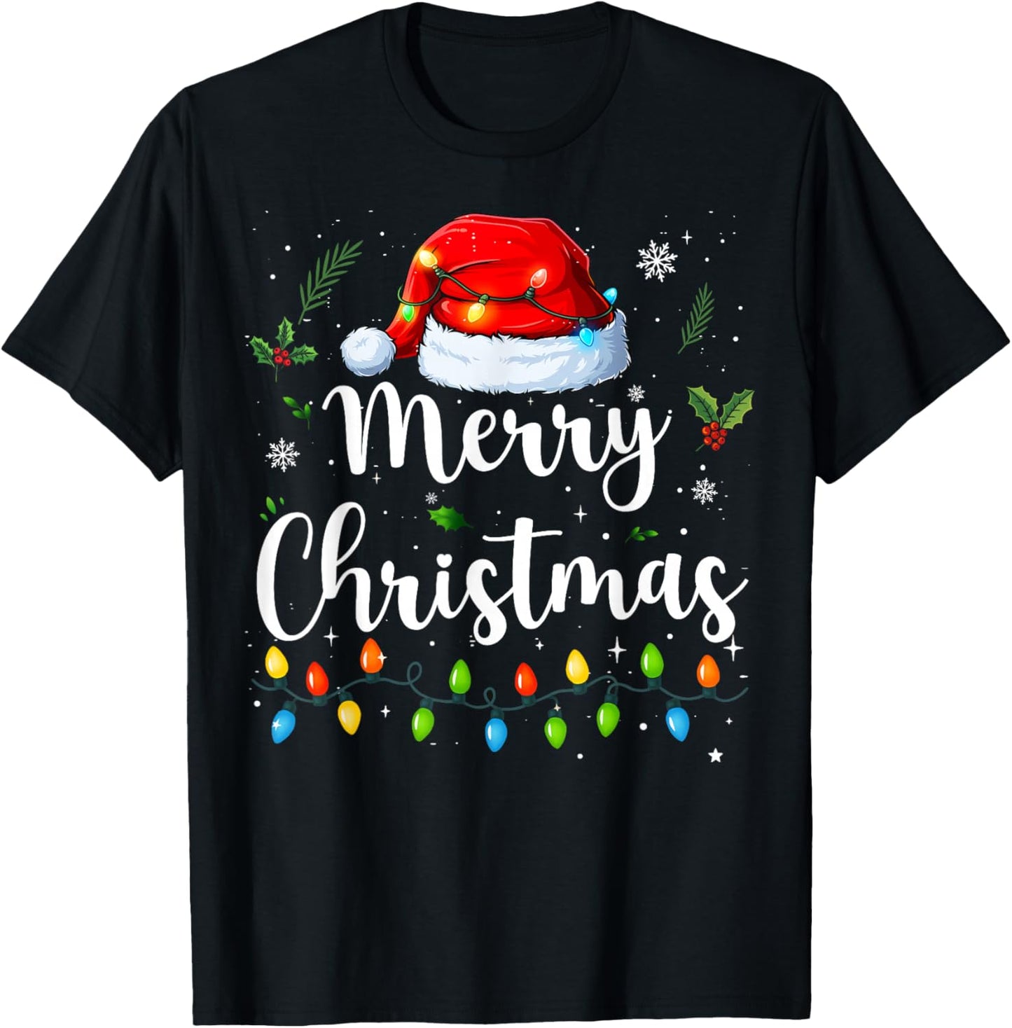 Merry Christmas Red Santa Hat Reindeer Xmas Matching Family T-Shirt - T-Shirt | Black
