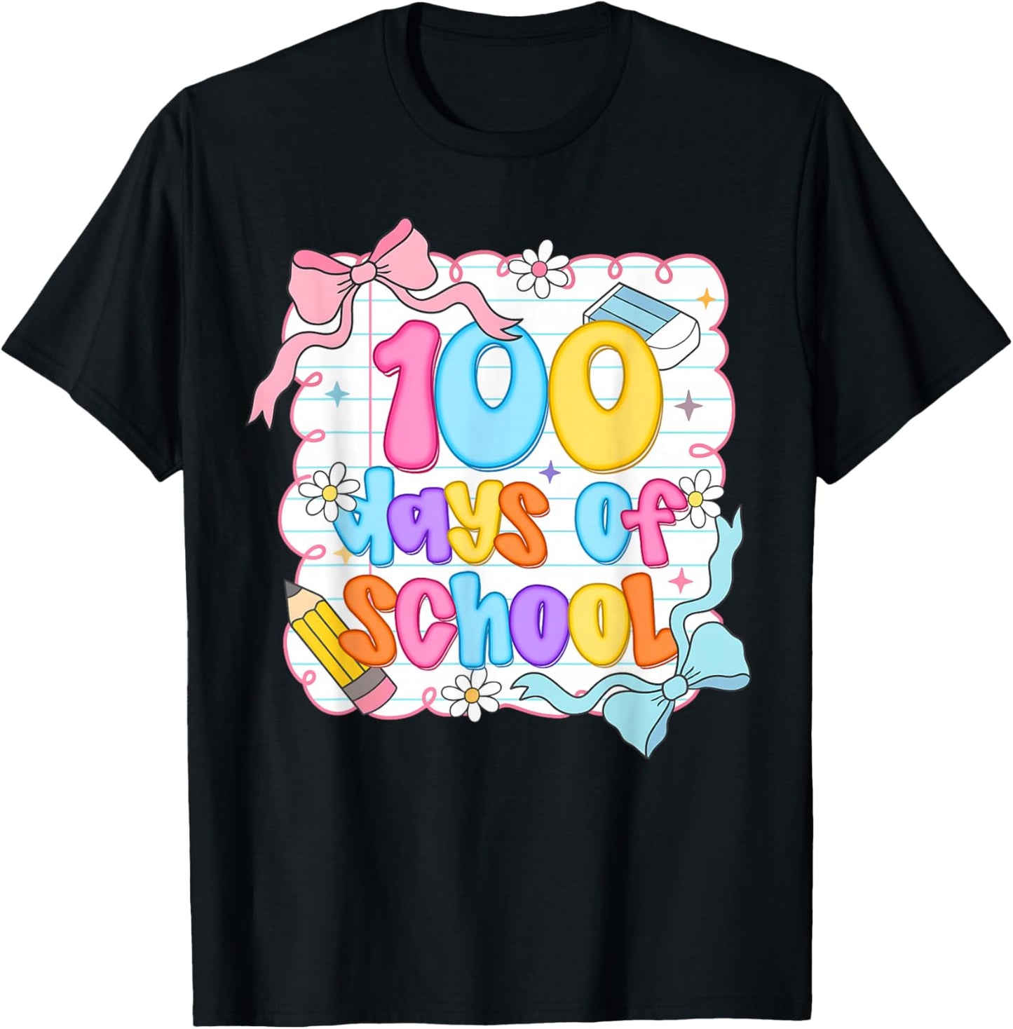 Preppy 100th Day of School 100 Days Teacher Kid Coquette Bow T-Shirt - T-Shirt | Black