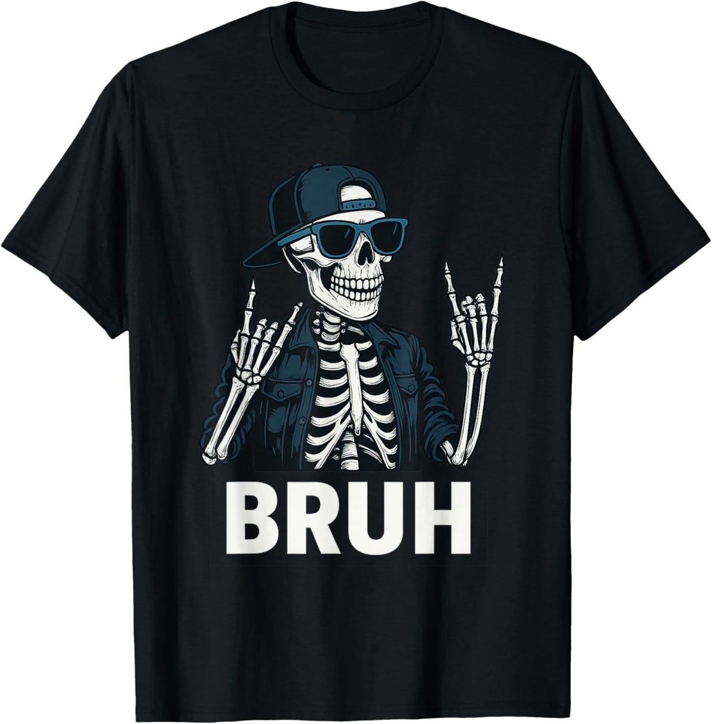 Cool Bruh Skeleton Rock On Halloween Men Teens Boys Kids T-Shirt - T-Shirt | Black