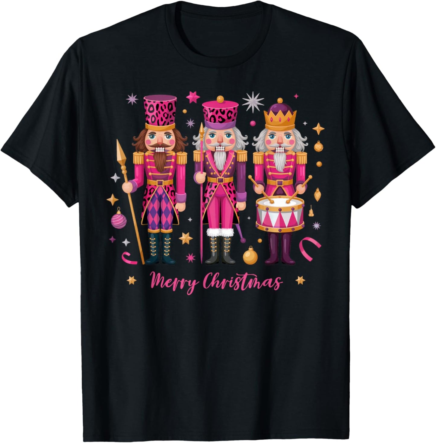 Pink Leopard Nutcracker Christmas Matching Family Men Women T-Shirt - T-Shirt | Black