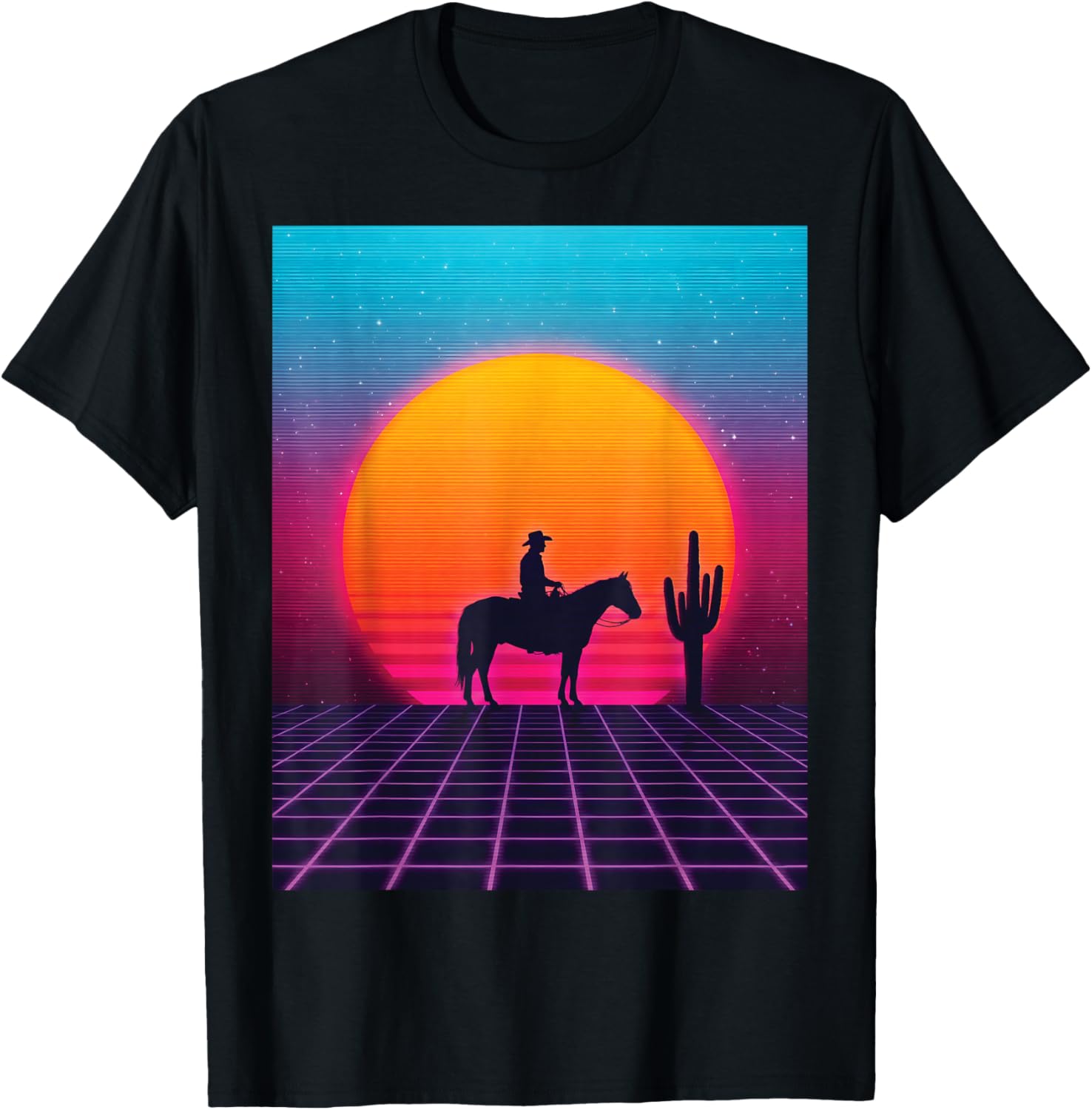 Synthwave Cowboy Retrowave 80s Western Horse Desert Sunset T-Shirt - T-Shirt | Black