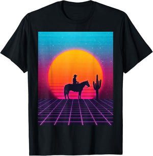 Synthwave Cowboy Retrowave 80s Western Horse Desert Sunset T-Shirt - T-Shirt | Black