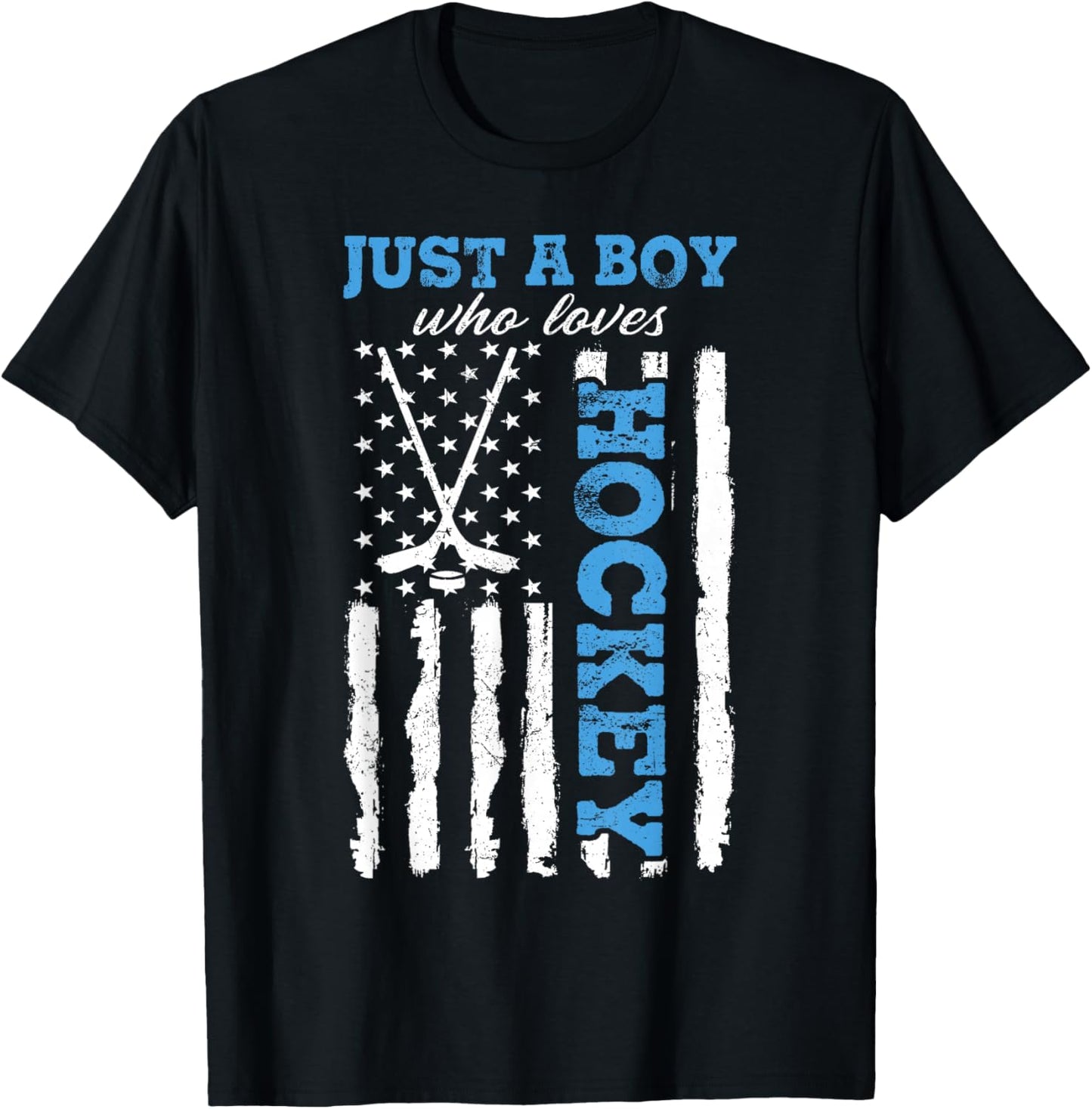 Just A Boy Who Loves Hockey USA Flag Ice Hockey Boys Kids T-Shirt - T-Shirt | Black