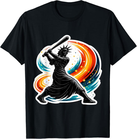 Statue of Liberty Swinging Baseball Bat American Softball T-Shirt - T-Shirt | Black