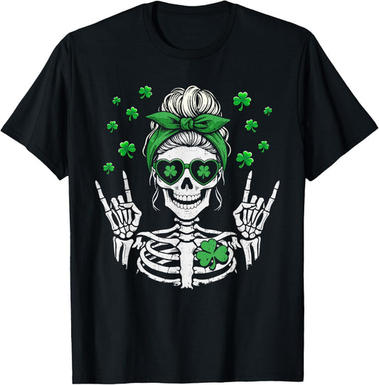 Skull Skeleton Shamrock St Patricks Day Women Girl St Pattys T-Shirt - T-Shirt | Black