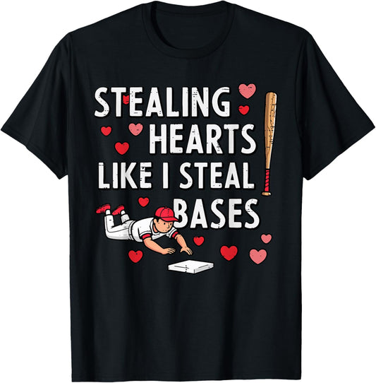 Stealing Hearts Like I Steal Bases Valentines Day Baseball T-Shirt - T-Shirt | Black