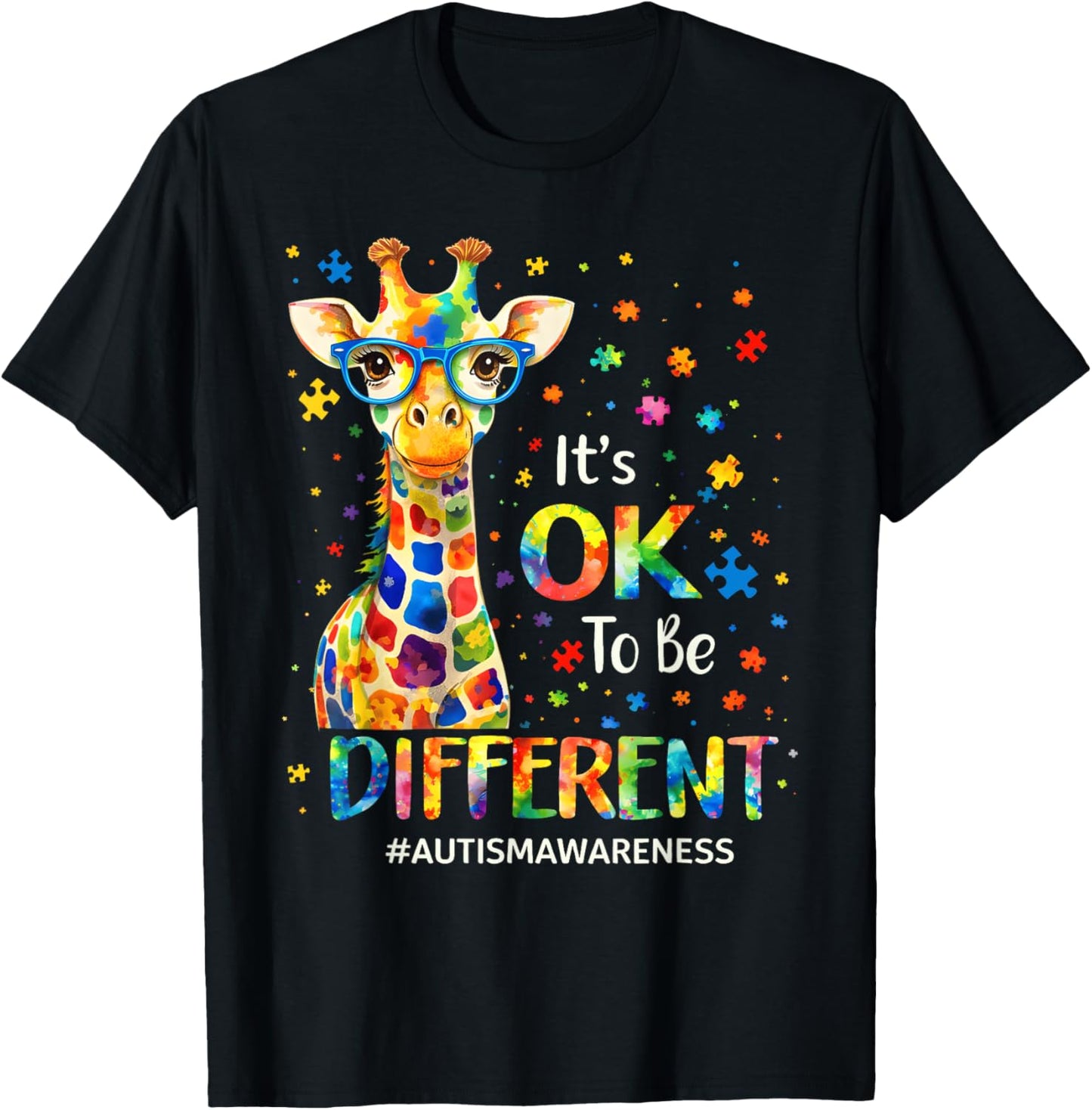Autism Awareness Its Ok to Be Different Cute Giraffe T-Shirt - T-Shirt | Black
