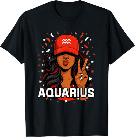 Aquarius Black Woman Red Hat Symbol Birthday Zodiac T-Shirt - T-Shirt | Black