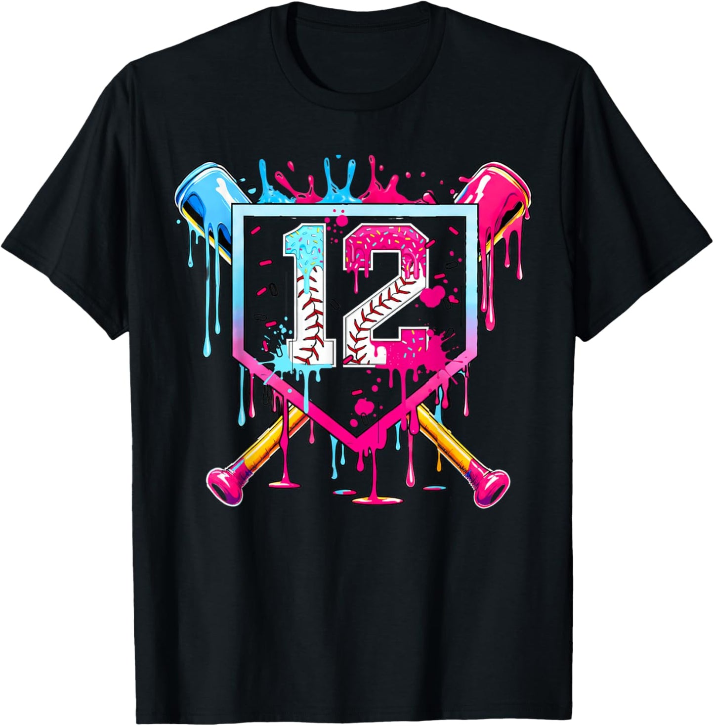 12th Birthday Boys Baseball Ice Cream Drip Boys Baseball T-Shirt - T-Shirt | Black