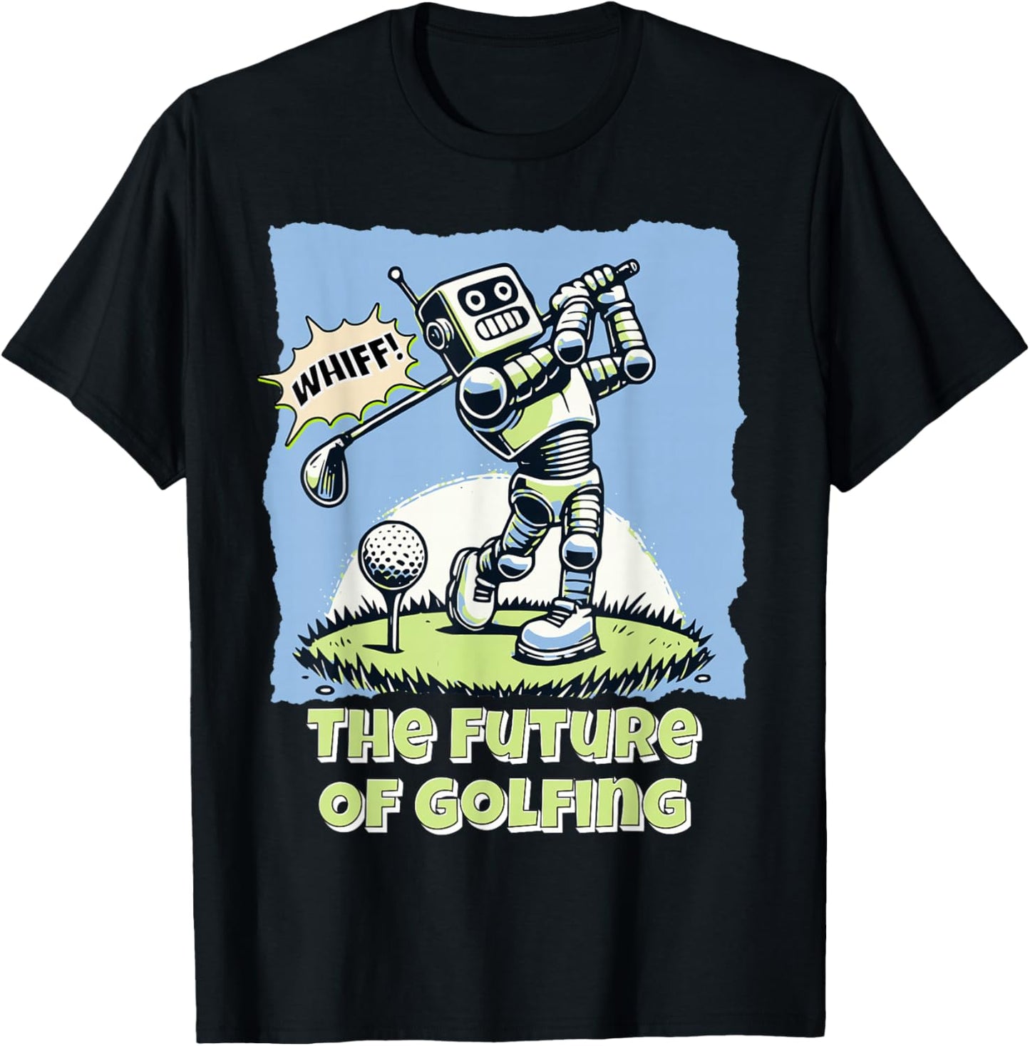 Funny Future Humanoid Robot AI Golf Whiff Retro Comic Art T-Shirt - T-Shirt | Black