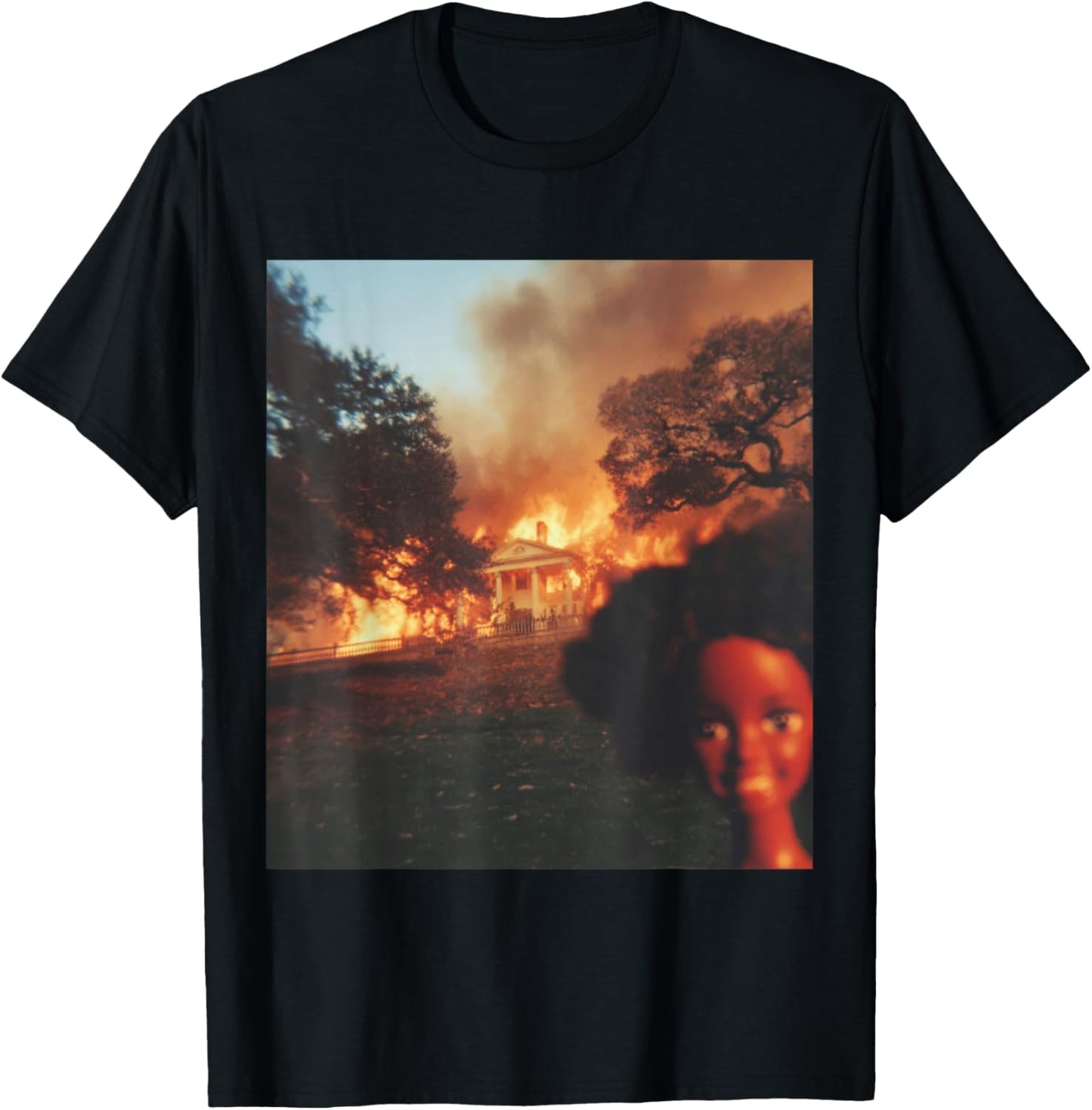 Funny Disaster Black Doll Face Meme Selfie House On Fire T-Shirt - T-Shirt | Black