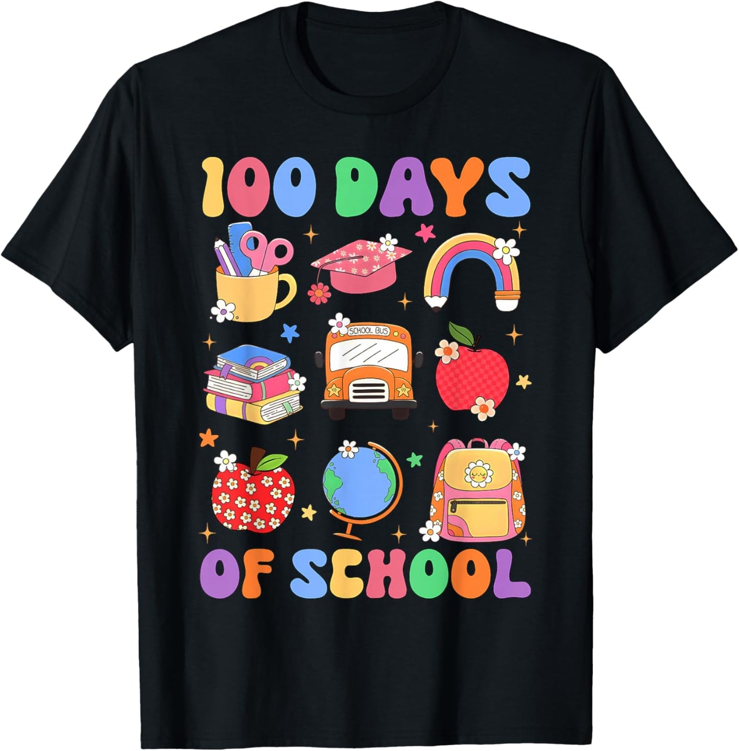 Happy 100 Days of School Cute Pencil Apple Boy Girl Teacher T-Shirt - T-Shirt | Black