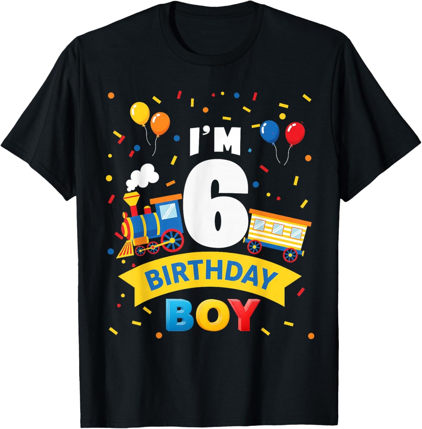 Kids 6th Birthday Boy Train Six 6 Year Old Birthday Boys T-Shirt - T-Shirt | Black