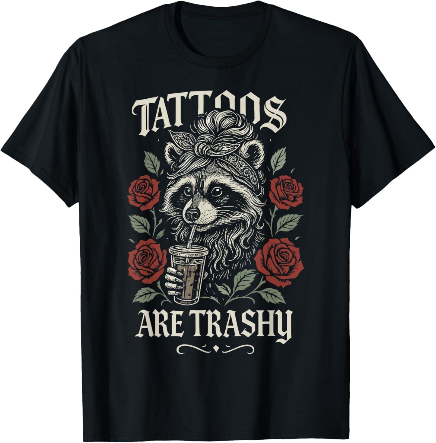 Funny Tattoo Raccoon Trash Panda Design Retro Inked Animal T-Shirt - T-Shirt | Black