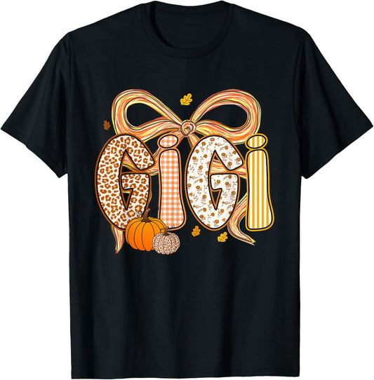 Preppy Gigi Bow Coquette Floral Pumpkin Thanksgiving Fall T-Shirt - T-Shirt | Black