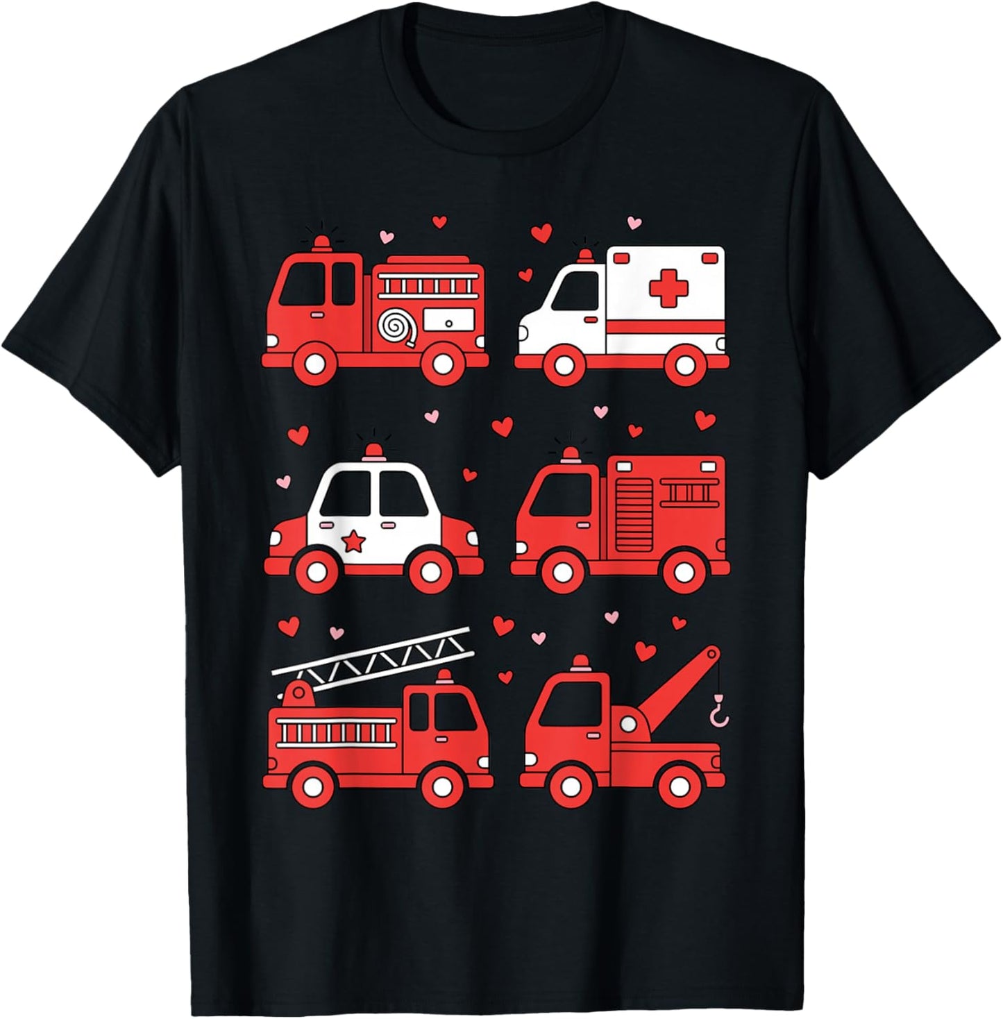 Emergency Vehicles Design Boys Fire Truck Police Valentines T-Shirt - T-Shirt | Black