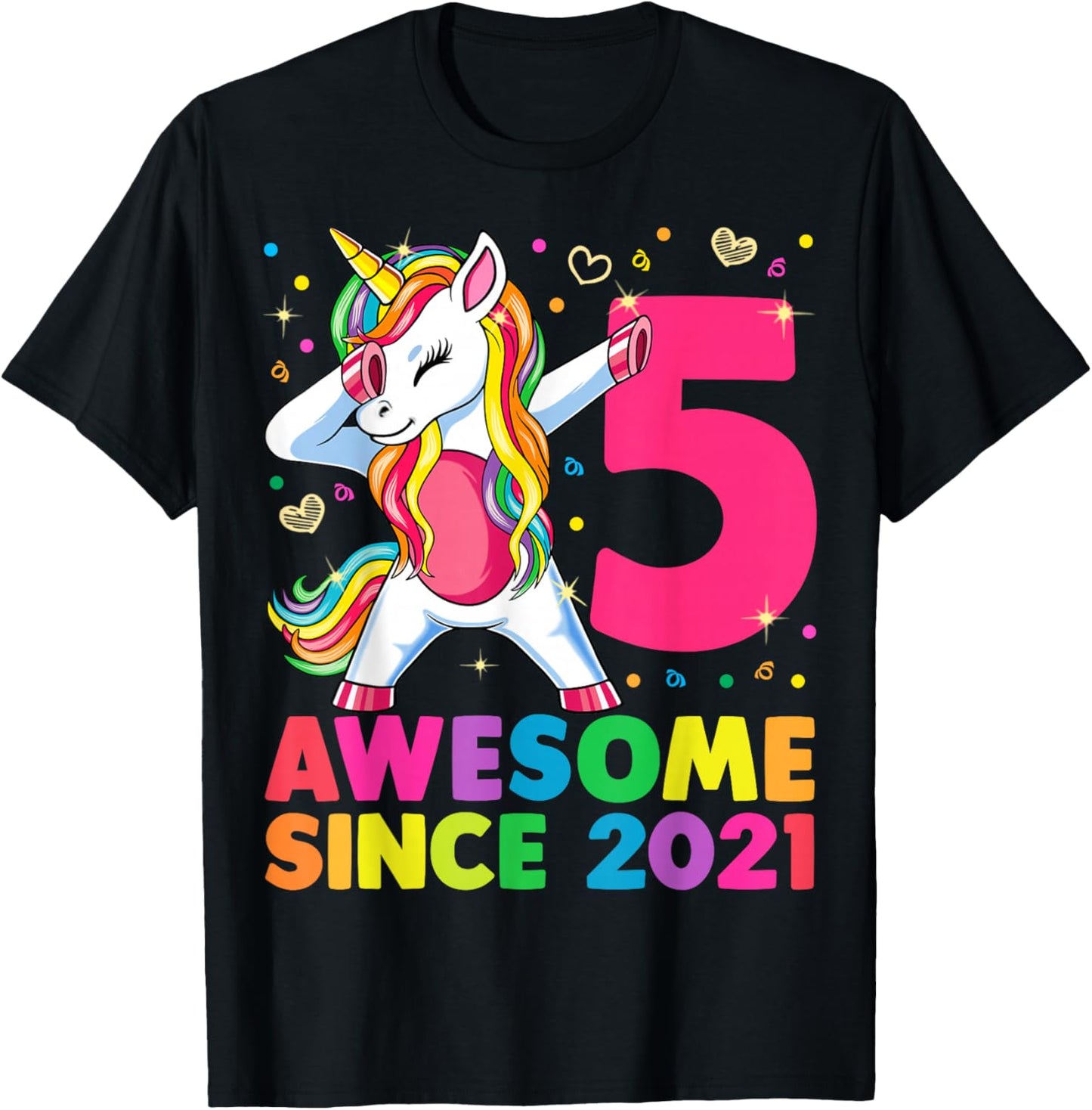 5 Years Old Unicorn Dabbing 5th Birthday Girl Unicorn Party T-Shirt - T-Shirt | Black