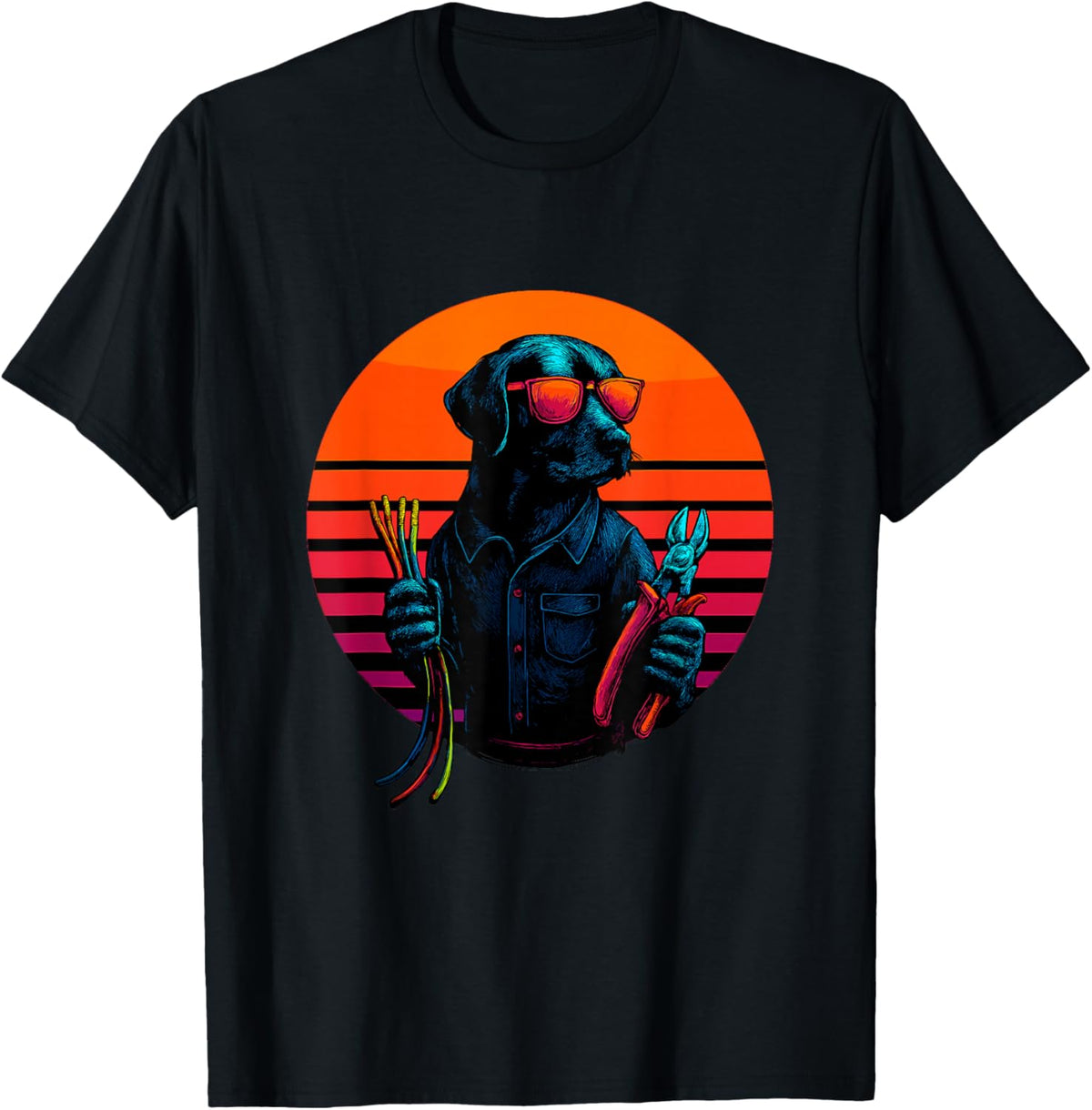Retro Dog with Cable Wiring Electrician T-Shirt - T-Shirt | Black