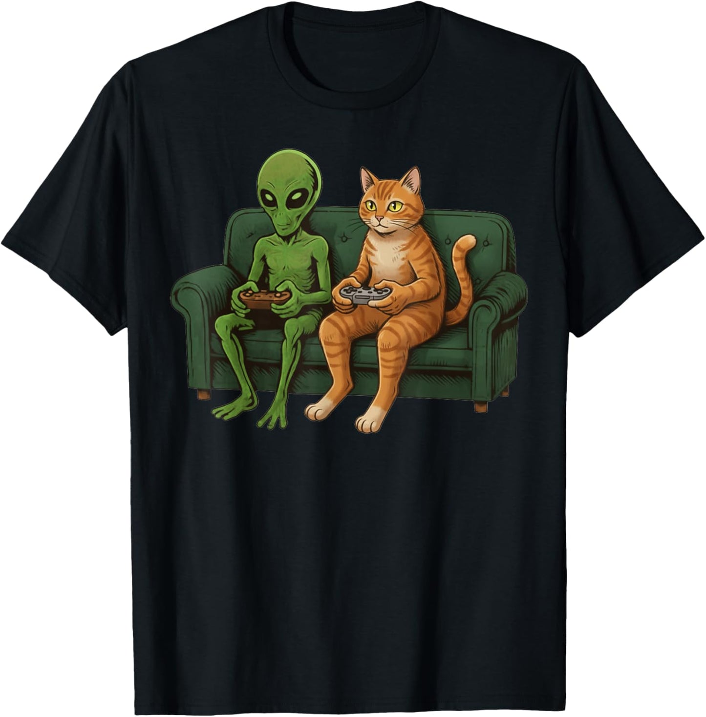 Funny Cat and Alien Gaming. Cool Space Pet Lovers T-Shirt - T-Shirt | Black